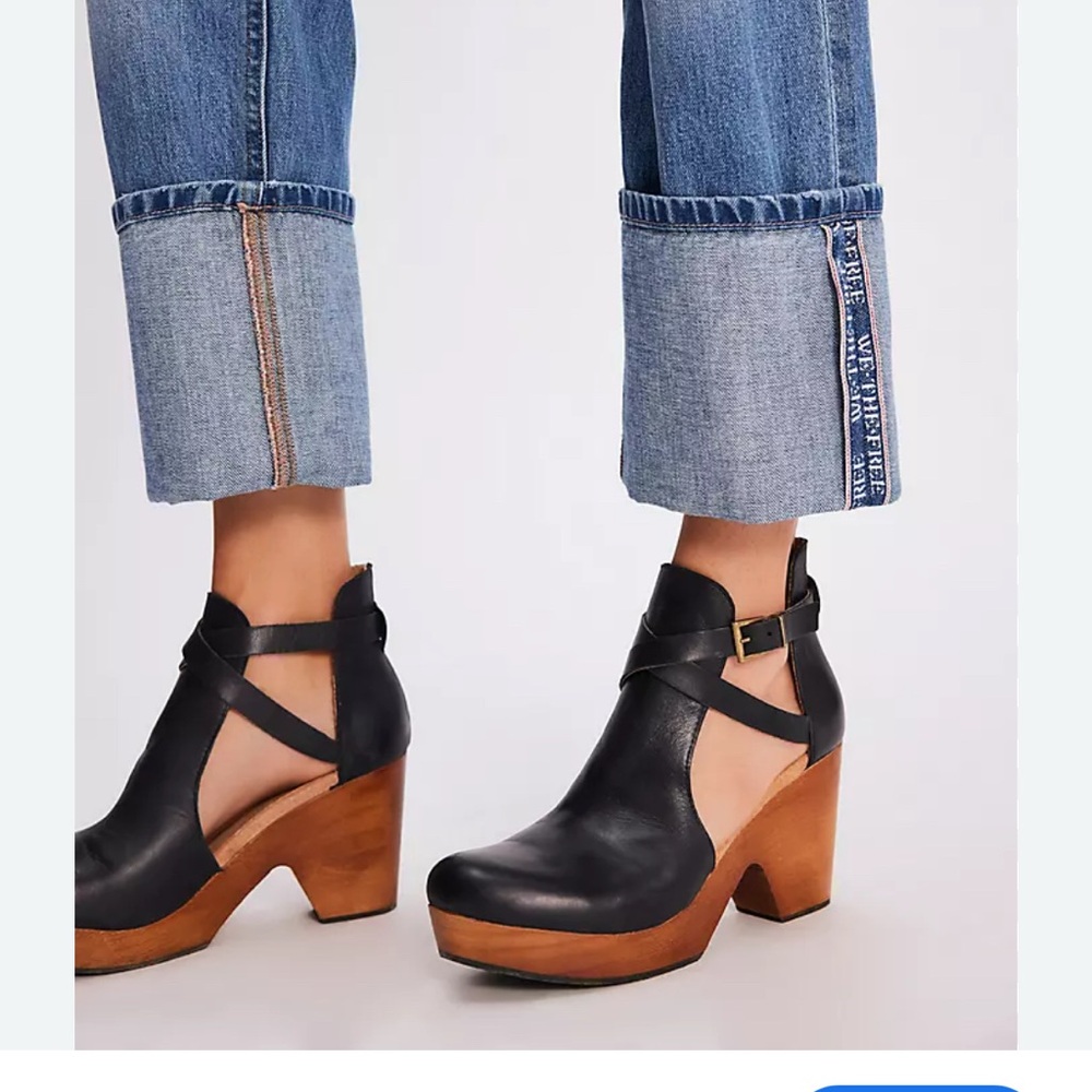 Free People Black Leather Cutout Clog Mules with Wood Platform